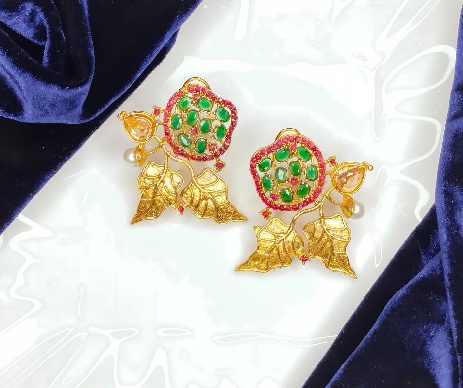 Verdant Golden Leaf Earrings (Red Multi)