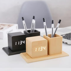 Pen Holder Wooden Digital Alarm Clock - waseeh.com