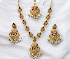 Gulbahar Multi-Stone Pearl Necklace & Matha Tikka Set (Wedding/Party Wear)