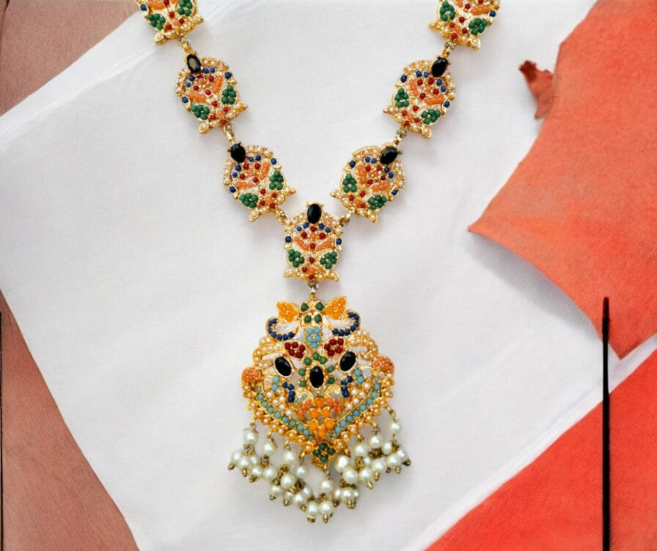 Gulbahar Multi-Stone Pearl Necklace & Matha Tikka Set (Wedding/Party Wear)