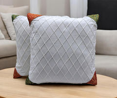 Diamond Weave Cushion Covers with Banarasi Corners - Off White  (Set Of 2)