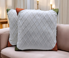 Diamond Weave Cushion Covers with Banarasi Corners - Off White  (Set Of 2)