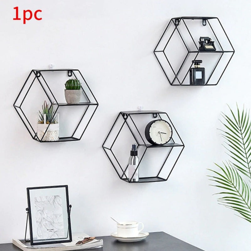 Wall-Mounted "Hexagonal" Floating Metal Storage Shelve Frame Decor - waseeh.com